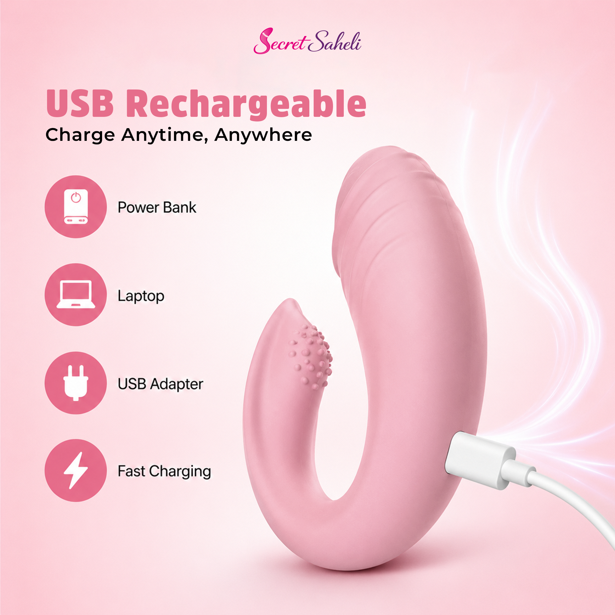 Pink Aura - Rechargeable U-Shape Wearable Wellness Massager with Remote